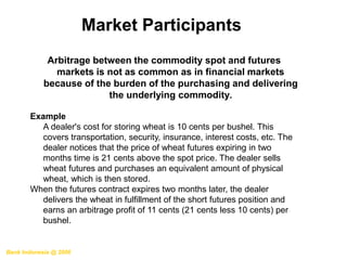 Bank Indonesia @ 2006
Market Participants
Arbitrage between the commodity spot and futures
markets is not as common as in financial markets
because of the burden of the purchasing and delivering
the underlying commodity.
Example
A dealer's cost for storing wheat is 10 cents per bushel. This
covers transportation, security, insurance, interest costs, etc. The
dealer notices that the price of wheat futures expiring in two
months time is 21 cents above the spot price. The dealer sells
wheat futures and purchases an equivalent amount of physical
wheat, which is then stored.
When the futures contract expires two months later, the dealer
delivers the wheat in fulfillment of the short futures position and
earns an arbitrage profit of 11 cents (21 cents less 10 cents) per
bushel.
 