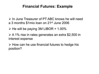 Financial Futures: Example
 In June Treasurer of PT ABC knows he will need
a 3 months $1mio loan on 21st June 2006
 He will be paying 3M LIBOR + 1.00%
 A 1% rise in rates generates an extra $2,500 in
interest expense
 How can he use financial futures to hedge his
position?
 