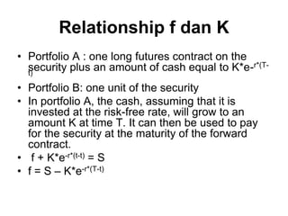 Relationship f dan K
• Portfolio A : one long futures contract on the
security plus an amount of cash equal to K*e-r*(T-
t)
• Portfolio B: one unit of the security
• In portfolio A, the cash, assuming that it is
invested at the risk-free rate, will grow to an
amount K at time T. It can then be used to pay
for the security at the maturity of the forward
contract.
• f + K*e-r*(t-t) = S
• f = S – K*e-r*(T-t)
 