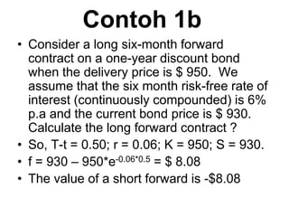 Contoh 1b
• Consider a long six-month forward
contract on a one-year discount bond
when the delivery price is $ 950. We
assume that the six month risk-free rate of
interest (continuously compounded) is 6%
p.a and the current bond price is $ 930.
Calculate the long forward contract ?
• So, T-t = 0.50; r = 0.06; K = 950; S = 930.
• f = 930 – 950*e-0.06*0.5 = $ 8.08
• The value of a short forward is -$8.08
 