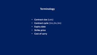Terminology
• Contract size (Lots)
• Contract cycle (1m,2m,3m)
• Expiry date
• Strike price
• Cost of carry
 