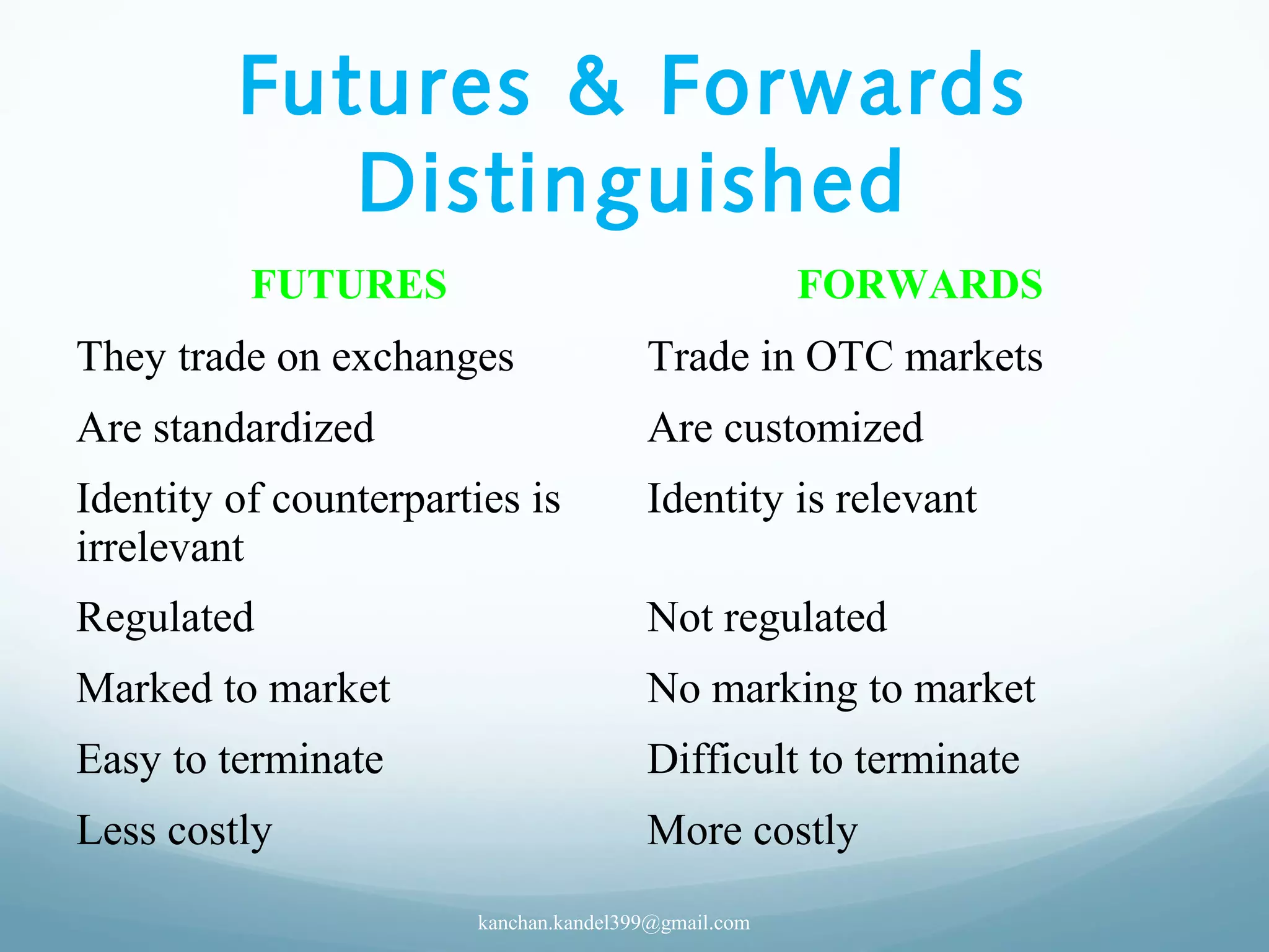 Futures & Forwards
Distinguished
FUTURES FORWARDS
They trade on exchanges Trade in OTC markets
Are standardized Are customized
Identity of counterparties is
irrelevant
Identity is relevant
Regulated Not regulated
Marked to market No marking to market
Easy to terminate Difficult to terminate
Less costly More costly
kanchan.kandel399@gmail.com
 