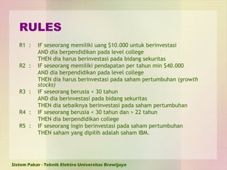 RULES R1  :  IF seseorang memiliki uang $10.000 untuk berinvestasi AND dia berpendidikan pada level college THEN dia harus berinvestasi pada bidang sekuritas R2  : IF seseorang memiliki pendapatan per tahun min $40.000  AND dia berpendidikan pada level college THEN dia harus berinvestasi pada saham pertumbuhan ( growth stocks) R3  : IF seseorang berusia < 30 tahun AND dia berinvestasi pada bidang sekuritas THEN dia sebaiknya berinvestasi pada  saham pertumbuhan R4  : IF seseorang berusia < 30 tahun dan > 22 tahun THEN dia berpendidikan college R5  : IF seseorang ingin berinvestasi pada saham pertumbuhan  THEN saham   yang dipilih adalah saham IBM. 
