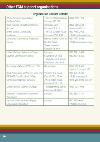 Other FGM support organisations
Organisation Contact Details:
Africa Advocacy Foundation
Catford Office
76 Elmer Road, Catford,
London, SE6 2ER
0208 698 4473
Black Women’s Health and Family
Support
82 Russia Lane
London, E2 9LU
0208 980 3503
www.bwhafs.com
British Somali Community
Starhouse
104-108 Grafton Road
London, NW5 4BD
020 7485 2963
info@britishsomali.org
Concordia Community Enterprise
Centre
Railway Arches 420-421
Burdett Road,
Tower Hamlets,
London, E3 4AA
020 7987 5833
info@oceansomali.org.uk
Manor Gardens Advocacy Project London 020 7281 7694
Southall Community Alliance SouthallTown Hall,
1 High Street, Southall,
Middlesex, UB1 3HA
020 8574 8855
Birmingham & Solihull Women’s Aid Birmingham 0121 685 8687
Option 0 or extn: 233
Black Association of Women Step Out
BASWO Cardiff - Head Office
9 Catherdral Road,
Cardiff, CF11 9HA
029 20644 633
info@baswo.org.uk
Somali Development Services 39 Abingdon Road,
Leicester, LE2 1HA
0116 285 5888 etn: 204
Granby Somali Women’s Group 12 Beaconsfield Street,
Liverpool, L8 2UU
0151 727 1008
Waltham Forest Somali Women’s
Association
London 020 8503 7121
Iranian Kurdish Women’s Rights
Organisation (IKWRO)
London 020 7920 6460
info@ikwro.org.uk
20
 