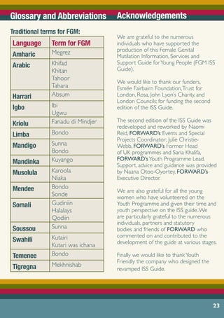 23
Glossary and Abbreviations
Traditional terms for FGM:
Language Term for FGM
Amharic Megrez
Arabic Khifad
Khitan
Tahoor
Tahara
Harrari Absum
Igbo Ibi
Ugwu
Kriolu Fanadu di Mindjer
Limba Bondo
Mandigo Sunna
Bondo
Mandinka Kuyango
Musolula Karoola
Niaka
Mendee Bondo
Sonde
Somali Gudiniin
Halalays
Qodiin
Soussou Sunna
Swahili Kutairi
Kutari was ichana
Temenee Bondo
Tigregna Mekhnishab
Acknowledgements
	
We are grateful to the numerous
individuals who have supported the
production of this Female Genital
Mutilation Information, Services and
Support Guide forYoung People (FGM ISS
Guide).
We would like to thank our funders,
Esmée Fairbairn Foundation,Trust for
London, Rosa, John Lyon’s Charity, and
London Councils; for funding the second
edition of the ISS Guide.
The second edition of the ISS Guide was
redeveloped and reworked by Naomi
Reid, FORWARD’s Events and Special
Projects Coordinator; Julie Christie-
Webb, FORWARD’s Former Head
of UK programmes and Saria Khalifa,
FORWARD’sYouth Programme Lead.
Support, advice and guidance was provided
by Naana Otoo-Oyortey, FORWARD’s
Executive Director.
We are also grateful for all the young
women who have volunteered on the
Youth Programme and given their time and
youth perspective on the ISS guide.We
are particularly grateful to the numerous
individuals, partners and statutory
bodies and friends of FORWARD who
commented on and contributed to the
development of the guide at various stages.
Finally we would like to thankYouth
Friendly the company who designed the
revamped ISS Guide. 		
 