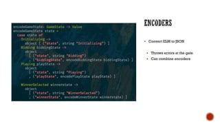 § Convert ELM to JSON
§ Throws errors at the gate
§ Can combine encoders
 