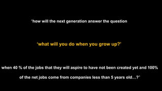 “how will the next generation answer the question
‘what will you do when you grow up?’
when 40 % of the jobs that they will aspire to have not been created yet and 100%
of the net jobs come from companies less than 5 years old…?”
 