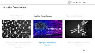 F O R W A R D L A N E
24
Next-Gen Conversation
Machine Comprehension Hyper-personalizationNatural language
understanding
Next-gen Conversation
Agents
Financial Stories connected around
meaning, provides insight into
portfolio
Rich, Netflix like digital client
experiences
 