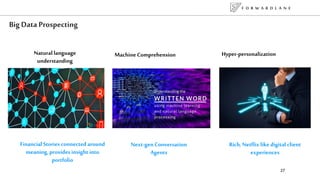 F O R W A R D L A N E
27
Big Data Prospecting
Machine Comprehension Hyper-personalizationNatural language
understanding
Next-gen Conversation
Agents
Financial Stories connected around
meaning, provides insight into
portfolio
Rich, Netflix like digital client
experiences
 