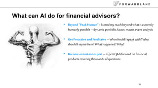 ? Beyond Peak Human - Extend my reach beyond whatis currently
humanlypossibleC dynamicportfolio, factor, macro, eventanalysis
? Get Proactiveand Predictive CWhoshouldI speak with? What
shouldI say to them? Whathappened?Why?
? Becomean instant expertC expert Q&A focused onfinancial
products covering thousands of questions
What can AI do for financial advisors?
F O R W A R D L A N E
30
 