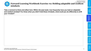 12
Forward Learning Workbook Exercise #2: Holding adaptable and resilient
mindsets
Adaptability & Resilience
CONFIDENTIAL AND PROPRIETARY
Any use of this material without specific permission of McKinsey & Company is strictly prohibited
Developing resilient mindsets
Take a moment to think and reflect here. Within the past week, how frequently have you held an adaptable
and resilient mindset? For times when you didn't hold these mindsets, what could you do differently to shift
your mindset?
Adaptability
&
Resilience
Problem
Solving
Relationships
&
Well-being
Communicating
for
Impact
Skills
Reflection
Introduction
My
Digital
Toolkit
 
