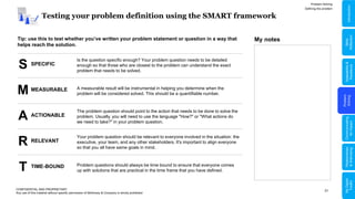 21
Testing your problem definition using the SMART framework
Tip: use this to test whether you’ve written your problem statement or question in a way that
helps reach the solution.
CONFIDENTIAL AND PROPRIETARY
Any use of this material without specific permission of McKinsey & Company is strictly prohibited
SPECIFIC
Is the question specific enough? Your problem question needs to be detailed
enough so that those who are closest to the problem can understand the exact
problem that needs to be solved.
S
MEASURABLE A measurable result will be instrumental in helping you determine when the
problem will be considered solved. This should be a quantifiable number.
M
ACTIONABLE
The problem question should point to the action that needs to be done to solve the
problem. Usually, you will need to use the language "How?" or "What actions do
we need to take?" in your problem question.
A
RELEVANT
Your problem question should be relevant to everyone involved in the situation: the
executive, your team, and any other stakeholders. It's important to align everyone
so that you all have same goals in mind.
R
TIME-BOUND Problem questions should always be time bound to ensure that everyone comes
up with solutions that are practical in the time frame that you have defined.
T
Problem Solving
Defining the problem
My notes
Problem
Solving
Adaptability
&
Resilience
Relationships
&
Well-being
My
Digital
Toolkit
Communicating
for
Impact
Skills
Reflection
Introduction
 