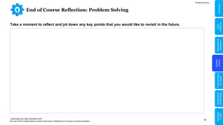 26
End of Course Reflection: Problem Solving
CONFIDENTIAL AND PROPRIETARY
Any use of this material without specific permission of McKinsey & Company is strictly prohibited
Problem Solving
Take a moment to reflect and jot down any key points that you would like to revisit in the future.
Problem
Solving
Adaptability
&
Resilience
Relationships
&
Well-being
My
Digital
Toolkit
Communicating
for
Impact
Skills
Reflection
Introduction
 