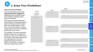 McKinsey & Company 29
2. Issue Tree Worksheet
How to use this worksheet
Use this worksheet to practice the
second step of the assignment:
identifying a list of potential issues
that if resolved, will likely lead to
solving the problem.
Write down the problem statement
you've defined in the previous step at
Level 0 of the tree and then break it
down into smaller issues in Level 1
(A, B, C) and then further in Level 2.
Structure your sentences consistently
starting with 'How can we ...’
For example, if you were solving the
problem of 'How can I increase the
amount of money I save at the end of
the month?' one of the smaller issues
you might identify is 'How can I
reduce the amount of money I
spend?' and another one could be
'How can I make more money?'.
How can we…
How can we…
How can we…
How can we…
How can we…
How can we…
How can we…
How can we…
How can we…
A
B
C
A1
B1
C1
A2
B2
C2
How can we…
Level 1
Level 2
Key problem
statement
Level 0
Problem
Solving
Adaptability
&
Resilience
Relationships
&
Well-being
My
Digital
Toolkit
Communicating
for
Impact
Skills
Reflection
Introduction
Problem Solving
Case Assignment
CONFIDENTIAL AND PROPRIETARY
Any use of this material without specific permission of McKinsey & Company is strictly prohibited
 