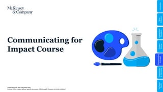 CONFIDENTIAL AND PROPRIETARY
Any use of this material without specific permission of McKinsey & Company is strictly prohibited
Communicating for
Impact Course
Problem
Solving
Communicating
for
Impact
Adaptability
&
Resilience
Relationships
&
Well-being
My
Digital
Toolkit
Skills
Reflection
Introduction
 