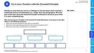37
Try it now: Practice with the Pyramid Principle
CONFIDENTIAL AND PROPRIETARY
Any use of this material without specific permission of McKinsey & Company is strictly prohibited
Identify an email that you sent to a colleague in the last week which covered a
substantial amount of information (i.e., longer than two paragraphs). Re-write
your email here using the Pyramid Principle worksheet to structure your email
in a more compelling way.
Communicating for Impact
Insights – organizing your messages
After structuring your thoughts in the Pyramid Principle Worksheet, in the space to the right,
reflect on the following questions:
 What is your governing thought and why (which you lead with)?
 What are your few supporting arguments below the governing thought and why?
 What is your call to action and why (which you close with)?
My notes
Problem
Solving
Communicating
for
Impact
Adaptability
&
Resilience
Relationships
&
Well-being
My
Digital
Toolkit
Skills
Reflection
Introduction
 