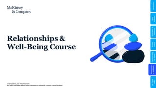 CONFIDENTIAL AND PROPRIETARY
Any use of this material without specific permission of McKinsey & Company is strictly prohibited
Relationships &
Well-Being Course
Relationships
&
Well-being
Communicating
for
Impact
Problem
Solving
Adaptability
&
Resilience
My
Digital
Toolkit
Skills
Reflection
Introduction
 