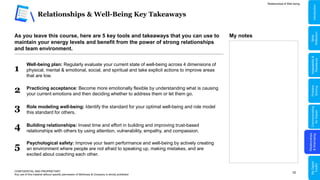52
Relationships & Well-Being Key Takeaways
CONFIDENTIAL AND PROPRIETARY
Any use of this material without specific permission of McKinsey & Company is strictly prohibited
As you leave this course, here are 5 key tools and takeaways that you can use to
maintain your energy levels and benefit from the power of strong relationships
and team environment.
1
Well-being plan: Regularly evaluate your current state of well-being across 4 dimensions of
physical, mental & emotional, social, and spiritual and take explicit actions to improve areas
that are low.
Practicing acceptance: Become more emotionally flexible by understanding what is causing
your current emotions and then deciding whether to address them or let them go.
2
3 Role modeling well-being: Identify the standard for your optimal well-being and role model
this standard for others.
4 Building relationships: Invest time and effort in building and improving trust-based
relationships with others by using attention, vulnerability, empathy, and compassion.
5
Psychological safety: Improve your team performance and well-being by actively creating
an environment where people are not afraid to speaking up, making mistakes, and are
excited about coaching each other.
Relationships & Well-being
Relationships
&
Well-being
My notes
Communicating
for
Impact
Problem
Solving
Adaptability
&
Resilience
My
Digital
Toolkit
Skills
Reflection
Introduction
 