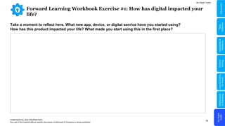 55
Forward Learning Workbook Exercise #1: How has digital impacted your
life?
CONFIDENTIAL AND PROPRIETARY
Any use of this material without specific permission of McKinsey & Company is strictly prohibited
Take a moment to reflect here. What new app, device, or digital service have you started using?
How has this product impacted your life? What made you start using this in the first place?
My Digital Toolkit
My
Digital
Toolkit
Relationships
&
Well-being
Communicating
for
Impact
Problem
Solving
Adaptability
&
Resilience
Skills
Reflection
Introduction
 