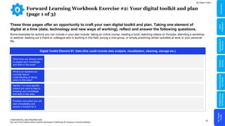 57
Forward Learning Workbook Exercise #2: Your digital toolkit and plan
(page 1 of 3)
CONFIDENTIAL AND PROPRIETARY
Any use of this material without specific permission of McKinsey & Company is strictly prohibited
These three pages offer an opportunity to craft your own digital toolkit and plan. Taking one element of
digital at a time (data, technology and new ways of working), reflect and answer the following questions.
Some examples for actions you can include in your plan include: taking an online course, reading a book, watching videos on Youtube, attending a workshop
or webinar, seeking out a friend or colleague who is working in this field, joining a chat group, or simply practicing certain activities at work or your personal
life.
My Digital Toolkit
Skills
Reflection
Digital Toolkit Element #1: Data (this could include data analysis, visualization, cleaning, storage etc.)
What have you already done
to expand your knowledge
and skills in this area?
What is an obstacle you
currently face in
understanding or taking
action in this area?
Identify 1 or more specific
actions you want to take to
enhance your knowledge
and skills in this area.
Prioritize one action you will
start immediately and
specify a timeline for it
My
Digital
Toolkit
Relationships
&
Well-being
Communicating
for
Impact
Problem
Solving
Adaptability
&
Resilience
Skills
Reflection
Introduction
 