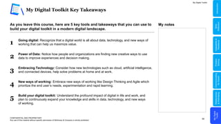 60
My Digital Toolkit Key Takeaways
CONFIDENTIAL AND PROPRIETARY
Any use of this material without specific permission of McKinsey & Company is strictly prohibited
As you leave this course, here are 5 key tools and takeaways that you can use to
build your digital toolkit in a modern digital landscape.
1 Going digital: Recognize that a digital world is all about data, technology, and new ways of
working that can help us maximize value.
Power of Data: Notice how people and organizations are finding new creative ways to use
data to improve experiences and decision making.
2
3 Embracing Technology: Consider how new technologies such as cloud, artificial intelligence,
and connected devices, help solve problems at home and at work.
4 New ways of working: Embrace new ways of working like Design Thinking and Agile which
prioritize the end user’s needs, experimentation and rapid learning.
5 Build your digital toolkit: Understand the profound impact of digital in life and work, and
plan to continuously expand your knowledge and skills in data, technology, and new ways
of working.
My Digital Toolkit
My notes
My
Digital
Toolkit
Relationships
&
Well-being
Communicating
for
Impact
Problem
Solving
Adaptability
&
Resilience
Skills
Reflection
Introduction
 