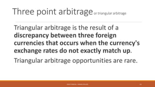 Three point arbitrageor triangular arbitrage
Triangular arbitrage is the result of a
discrepancy between three foreign
currencies that occurs when the currency's
exchange rates do not exactly match up.
Triangular arbitrage opportunities are rare.
MOHIT SINGHAL - RAMJAS COLLEGE 14
 