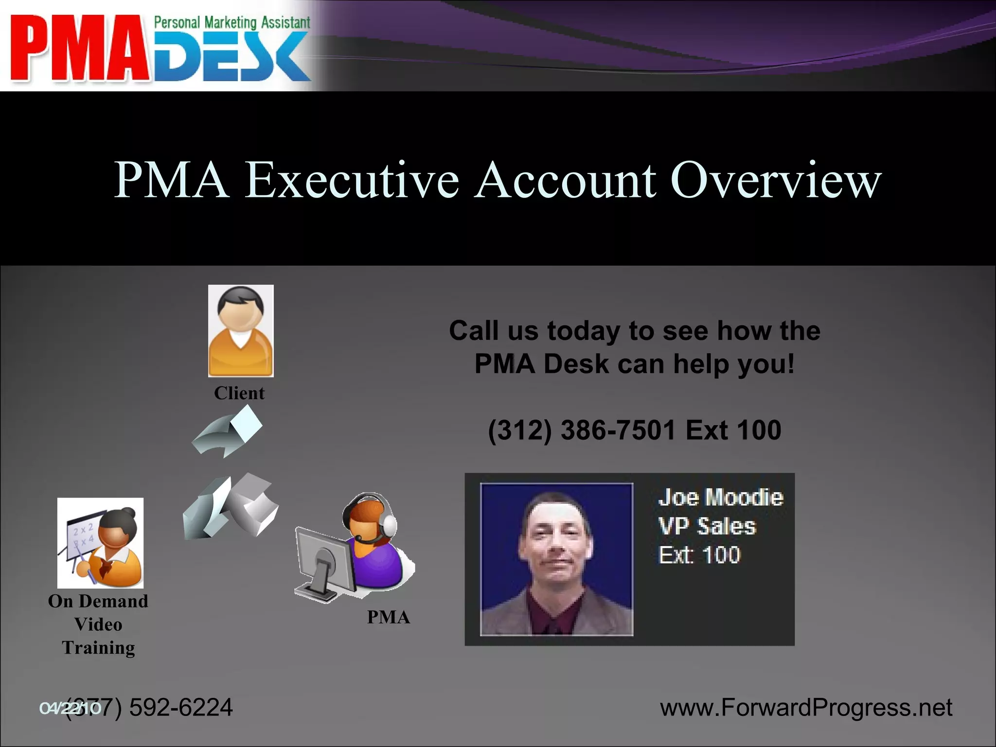 Call us today to see how the PMA Desk can help you! (312) 386-7501 Ext 100 On Demand Video Training Client PMA PMA Executive Account Overview 