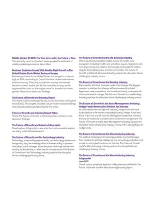 Middle Market Q1 2017: The Time to Invest in the Future Is Now
This quarterly report and content series gauges the sentiment of
middle-market organizations. Learn More.
Business Optimism Erupts With Double-Digit Growth in The
United States, Finds Global Business Survey
Business optimism in the United States has surged to a record
high of 80%, according to Grant Thornton's latest mid-market
business survey. This jump in optimism among mid-market
decision-makers bodes well for the overall economy, as the
segment often acts as the engine room for broader economic
growth. Read more about our findings.
The Future of Growth and Industry Report
This report outlines challenges facing various industries as they look
toward 2020. The insights provided include recent research findings
and ideas to prepare your business for the future.
Future of Growth and Industry Report Video
Watch The Future of Growth and Industry video and learn more
about our findings.
The Future of Growth and Industry Infographic
Download our infographic to see what the most successful leaders
are doing to set themselves apart.
The Future of Growth and the Technology Industry
Technology is expanding exponentially, but technology leaders are
recognizing they are meeting a limit — human ability to process
and adapt to the changes. When the pace of change moves from
exciting to disorienting — what are the consequences? The Future
of Growth and the Technology Industry explores the disruptive
forces challenging industry norms.
The Future of Growth and the Life Sciences Industry
Effectively harnessing data insights across the health care
ecosystem (including health care providers, payors, regulators and,
most importantly, the patients themselves) will provide the critical
edge to demonstrate value and drive innovation. The Future of
Growth and the Life Sciences Industry explores the disruptive forces
challenging industry norms.
The Future of Growth and the Banking Industry
Banks realize that their business model must change. The biggest
question is whether that change will be incremental or total.
Regulators, new competitors, and most importantly, customers will
dictate the level of change. The Future of Growth and the Banking
Industry explores the disruptive forces challenging industry norms.
The Future of Growth in the Asset Management Industry:
Hedge Funds Rewrite the Solution for Success
As compressed fees reshape the industry, hedge funds will have
to decide how to fit into the consolidation story. Hedge funds that
thrive in the new era will have to offer hybrid models that combine
the best of traditional and alternative investment management. The
Future of Growth and the Asset Management Industry explores the
disruptive forces challenging industry norms, with a special focus on
hedge funds.
The Future of Growth and the Manufacturing Industry
The political landscape is increasingly volatile, new technologies
from robotics to artificial intelligence are reinventing production and
products, and cyberthreats are on the rise. The Future of Growth
and the Manufacturing Industry explores the disruptive forces
challenging industry norms.
The Future of Growth and the Manufacturing Industry
Infographic
June 2017
Check out our graphical depiction of key themes published in The
Future of Growth and the Manufacturing Industry report.
 