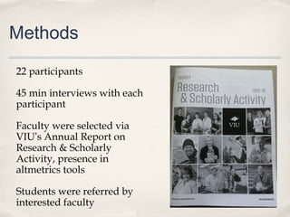 Methods
22 participants
45 min interviews with each
participant
Faculty were selected via
VIU’s Annual Report on
Research & Scholarly
Activity, presence in
altmetrics tools
Students were referred by
interested faculty
 