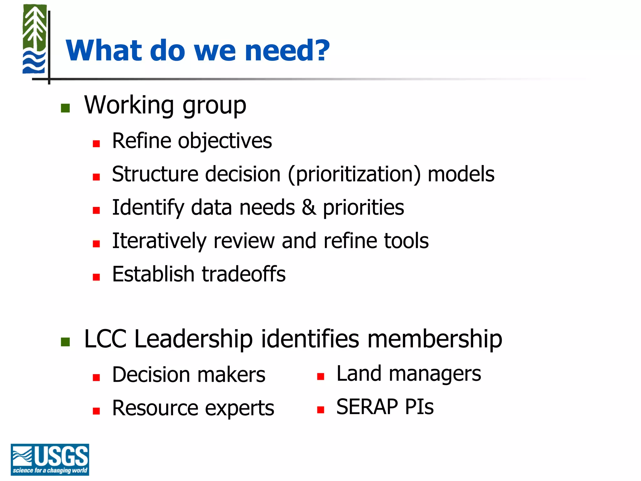 What do we need?
   Working group
       Refine objectives
       Structure decision (prioritization) models
       Identify data needs & priorities
       Iteratively review and refine tools
       Establish tradeoffs


   LCC Leadership identifies membership
       Decision makers          Land managers
       Resource experts         SERAP PIs
 