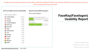 FaceKey(Facelogon)
Usability Report
Report published 2013
Software launched 2014
Report edition Jun 2018
40.17% of installs come from United Sates Should I remove ASUS FaceLogon?
76% of users will keep it.
To comply with my non-disclosure agreement, I have omitted and obfuscated confidential information in this case study. All information in this case study is my own and
does not necessarily reflect the views of ASUS.
https://www.shouldiremoveit.com/. 10 Jun 2018
 
