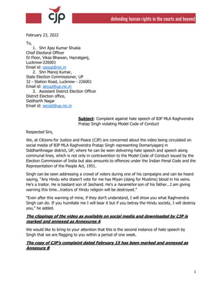 c
1
February 23, 2022
To,
1. Shri Ajay Kumar Shukla
Chief Electoral Officer
IV Floor, Vikas Bhawan, Hazratganj,
Lucknow-22...