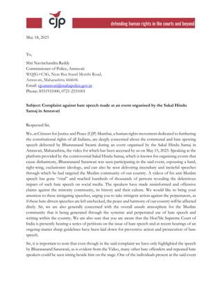 May 18, 2023
To,
Shri Navinchandra Reddy
Commissioner of Police, Amravati
WQJG+C3G, Near Bus Stand Morshi Road,
Amravati, ...