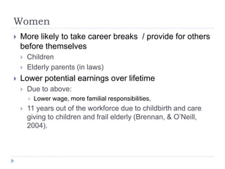 Women
   More likely to take career breaks / provide for others
    before themselves
       Children
       Elderly parents (in laws)
   Lower potential earnings over lifetime
       Due to above:
           Lower wage, more familial responsibilities,
       11 years out of the workforce due to childbirth and care
        giving to children and frail elderly (Brennan, & O’Neill,
        2004).
 