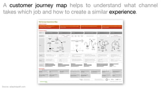 A customer journey map helps to understand what channel
takes which job and how to create a similar experience.
Rail Europe Experience Map
Guiding Principles

People choose rail travel because it is
convenient, easy, and ﬂexible.

Rail booking is only one part of people’s larger
travel process.

People build their travel plans over time.

People value service that is respectful, effective
and personable.

Customer Journey
STAGES

Research & Planning

RAIL EUROPE

Shopping

Enter trips

Research destinations, routes and products

Destination
pages

Review fares

Select pass(es)

Conﬁrm
itinerary

Post-Booking, Pre-Travel

Delivery
options

Payment
options

Review &
conﬁrm

Change
plans

Map itinerary
(ﬁnding pass)

Print e-tickets
at home

Web

FEELING

Check ticket
status

Google
searches

• What is the easiest way to get around Europe?
• Where do I want to go?
• How much time should I/we spend in each
place for site seeing and activities?

• I’m excited to go to Europe!
• Will I be able to see everything I can?
• What if I can’t afford this?
• I don’t want to make the wrong choice.

E-ticket Print
at Station

View
maps
Paper tickets
arrive in mail

Look up
timetables

Research
hotels

• I want to get the best price, but I’m willing to pay a
little more for ﬁrst class.

• How much will my whole trip cost me? What are my
trade-offs?
• Are there other activities I can add to my plan?

• It’s hard to trust Trip Advisor. Everyone is

so negative.
• Keeping track of all the different products
is confusing.
• Am I sure this is the trip I want to take?

Follow-up on refunds for booking changes

Share
photos
Get stamp
for refund

Web

Share
experience
(reviews)

Buy additional
tickets

Kayak,
compare
airfare

Blogs &
Travel sites

Share experience

Activities, unexpected changes

May call if
difﬁculties
occur

Talk with
friends

Post Travel

Live chat for
questions

DOING

THINKING

Travel

Wait for paper tickets to arrive

Look up
time tables

raileurope.com
Plan with
interactive map

Booking

• Do I have everything I need?
• Rail Europe website was easy and friendly, but

• Do I have all the tickets, passes and reservations
I need in this booking so I don’t pay more
shipping?
• Rail Europe is not answering the phone. How
else can I get my question answered?

web/
apps

Arrange
travel

Plan/
conﬁrm
activities

Request
refunds

• I just ﬁgured we could grab a train but there are

when an issue came up, I couldn’t get help.
• What will I do if my tickets don’t arrive in time?

• I am feeling vulnerable to be in an unknown place in

and Rail Europe won’t answer the phone.
• Frustrated that Rail Europe won’t ship tickets
to Europe.
• Happy to receive my tickets in the mail!

tickets are eTickets and which are paper tickets.
Not sure my tickets will arrive in time.

• Trying to return ticket I was not able to use. Not

not more trains. What can we do now?
• Am I on the right train? If not, what next?
• I want to make more travel plans. How do I
do that?

• Stressed that I’m about to leave the country

• Website experience is easy and friendly!
• Frustrated to not know sooner about which

sure if I’ll get a refund or not.

• People are going to love these photos!
• Next time, we will explore routes and availability
more carefully.

• Excited to share my vacation story with

the middle of the night.
• Stressed that the train won’t arrive on time for my
connection.
• Meeting people who want to show us around is fun,
serendipitous, and special.

my friends.

• A bit annoyed to be dealing with ticket refund
issues when I just got home.

Enjoyability

Enjoyability

Enjoyability

Enjoyability

Enjoyability

Enjoyability

Relevance of Rail Europe

Relevance of Rail Europe

Relevance of Rail Europe

Relevance of Rail Europe

Relevance of Rail Europe

Relevance of Rail Europe

Helpfulness of Rail Europe

EXPERIENCE

Mail tickets
for refund

Helpfulness of Rail Europe

Helpfulness of Rail Europe

Helpfulness of Rail Europe

Helpfulness of Rail Europe

Helpfulness of Rail Europe

Opportunities
GLOBAL

PLANNING, SHOPPING, BOOKING

POST-BOOK, TRAVEL, POST-TRAVEL

Communicate a clear value
proposition.

Help people get the help they
need.

Support people in creating their
own solutions.

Enable people to plan over time.

Visualize the trip for planning
and booking.

Arm customers with information
for making decisions.

Improve the paper ticket
experience.

Accommodate planning and
booking in Europe too.

STAGE: Initial visit

STAGES: Global

STAGES: Global

STAGES: Planning, Shopping

STAGES: Planning, Shopping

STAGES: Shopping, Booking

STAGES: Post-Booking, Travel, Post-Travel

STAGE: Traveling

Make your customers into better,
more savvy travelers.

Engage in social media with
explicit purposes.

Connect planning, shopping and
booking on the web.

Aggregate shipping with a
reasonable timeline.

Proactively help people deal
with change.

Communicate status clearly at
all times.

STAGES: Global

STAGES: Global

STAGES: Planning, Shopping, Booking

STAGE: Booking

STAGES: Post-Booking, Traveling

STAGES: Post-Booking, Post Travel

Information
sources

Stakeholder interviews
Cognitive walkthroughs

Customer Experience Survey
Existing Rail Europe Documentation

Ongoing,
non-linear

Linear
process

Non-linear, but
time based

Experience Map for Rail Europe | August 2011

Source: adaptivepath.com

 