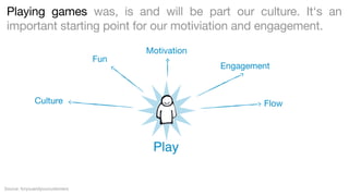 Playing games was, is and will be part our culture. It‘s an
important starting point for our motiviation and engagement.
Fun

Motivation
Engagement

Culture

Flow

Play
Source: foryouandyourcustomers

 