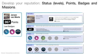 Develop your reputation: Status (levels), Points, Badges and
Missions.
Jeroen
van Mierle

367

My Proﬁle
Jeroen von Mierle

Points

Last Badges:

✎ ♞

Points

367

✎
10 Reviews

Source: foryouandyourcustomers

Kickstart Tour

♞

♨

4 Game Consoles 3 coffee machines

How to review

Home Streaming

 
