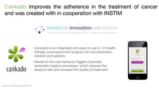Cankado improves the adherence in the treatment of cancer
and was created with in cooperation with INSTIM

- Cancado is an integrated and easy-to-use e / m-health
therapy-accompaniment program for manufacturers,
doctors and patients
- Based on the user behavior triggers Cancado
automatic support processes, which reduces the
dropout rate and increase the quality of treatment

Source: foryouandyourcustomers

 
