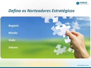 Defina os Norteadores Estratégicos
Negócio
Missão
Visão
Valores
 
