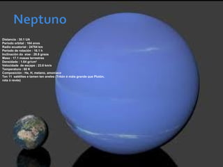 Distancia : 30.1 UA
Período orbital : 164 anos
Radio ecuatorial : 24764 km
Período de rotación : 16.1 h
Inclinación do eixe : 28.8 graos
Masa : 17.1 masas terrestres
Densidade : 1.64 gr/cm3
Velocidade de escape : 23.6 km/s
Temperatura : 60 K
Composición : He, H, metano, amoníaco
Ten 11 satélites e tamen ten aneles (Tritón é máis grande que Plutón,
rota ó revés)
 