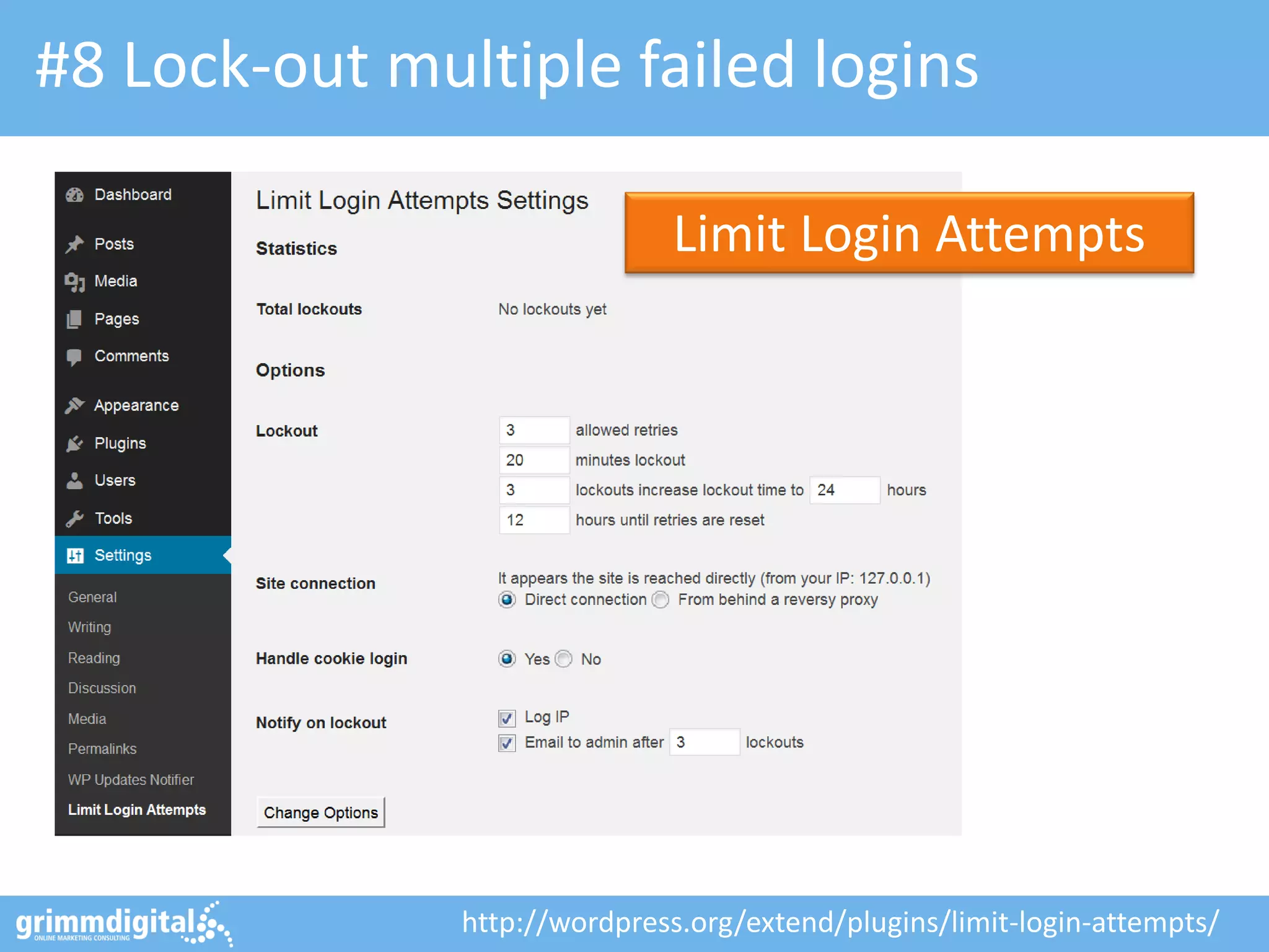 #8 Lock-out multiple failed logins
Limit Login Attempts

http://wordpress.org/extend/plugins/limit-login-attempts/

 