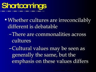 Shortcomings  Whether cultures are irreconcilably different is debatable There are commonalities across cultures Cultural values may be seen as generally the same, but the emphasis on these values differs 