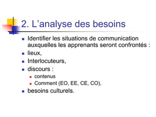 2. L’analyse des besoins
 Identifier les situations de communication
auxquelles les apprenants seront confrontés :
 lieux,
 Interlocuteurs,
 discours :
 contenus
 Comment (EO, EE, CE, CO),
 besoins culturels.
 