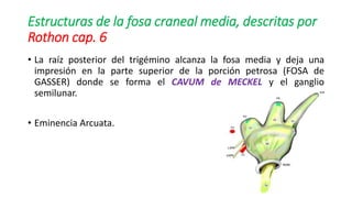 Estructuras de la fosa craneal media, descritas por
Rothon cap. 6
• La raíz posterior del trigémino alcanza la fosa media y deja una
impresión en la parte superior de la porción petrosa (FOSA de
GASSER) donde se forma el CAVUM de MECKEL y el ganglio
semilunar.
• Eminencia Arcuata.
11
 