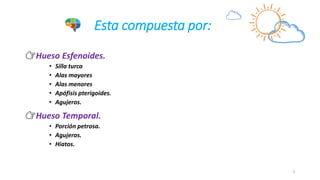 Esta compuesta por:
👉Hueso Esfenoides.
• Silla turca
• Alas mayores
• Alas menores
• Apófisis pterigoides.
• Agujeros.
👉Hueso Temporal.
• Porción petrosa.
• Agujeros.
• Hiatos.
3
 