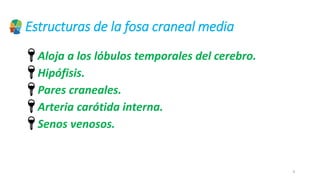 Estructuras de la fosa craneal media
🔑Aloja a los lóbulos temporales del cerebro.
🔑Hipófisis.
🔑Pares craneales.
🔑Arteria carótida interna.
🔑Senos venosos.
4
 