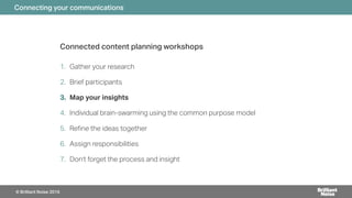 Connected content planning workshops
1. Gather your research
2. Brief participants
3. Map your insights
4. Individual brain-swarming using the common purpose model
5. Re!ne the ideas together
6. Assign responsibilities
7. Don’t forget the process and insight
Connecting your communications
© Brilliant Noise 2016
 