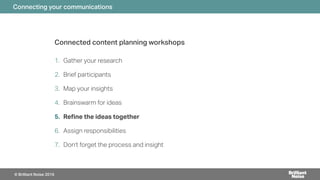 Connected content planning workshops
1. Gather your research
2. Brief participants
3. Map your insights
4. Brainswarm for ideas
5. Re!ne the ideas together
6. Assign responsibilities
7. Don’t forget the process and insight
Connecting your communications
© Brilliant Noise 2016
 