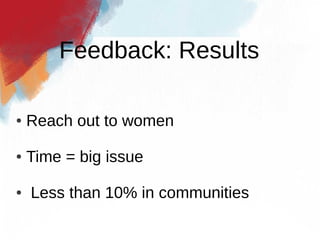 Feedback: Results

●   Reach out to women

●   Time = big issue

●   Less than 10% in communities
 