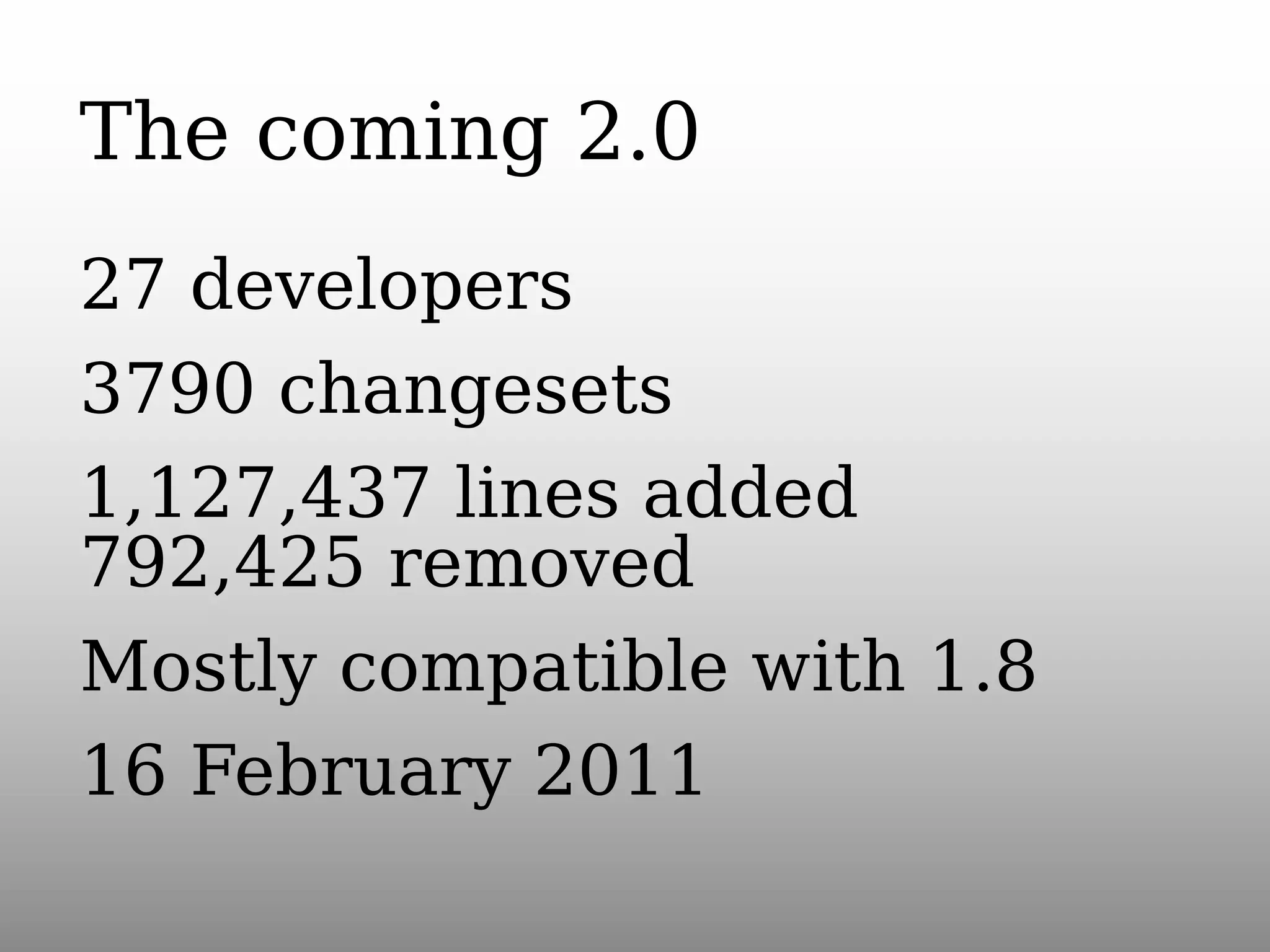 The coming 2.0
27 developers
3790 changesets
1,127,437 lines added
792,425 removed
Mostly compatible with 1.8
16 February 2011

 